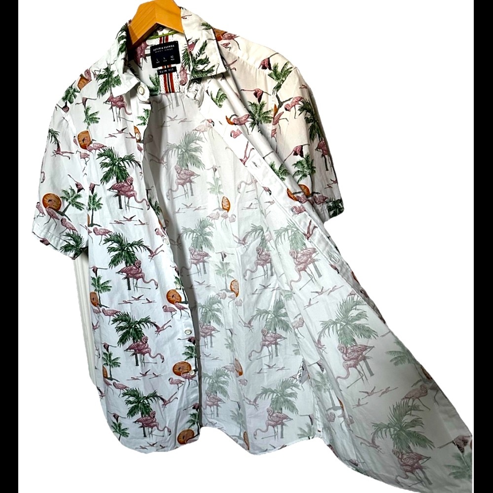 Denim & Flower Flamingo Casual Button Down Short-Sleeve Shirt Men’s Size L - Picture 3 of 11